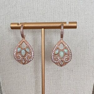 Lab Grown Opal White Sapphire Dangle Earrings Rose Gold over Sterling Pierced